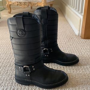 Chanel quilted leather star harness moto boots